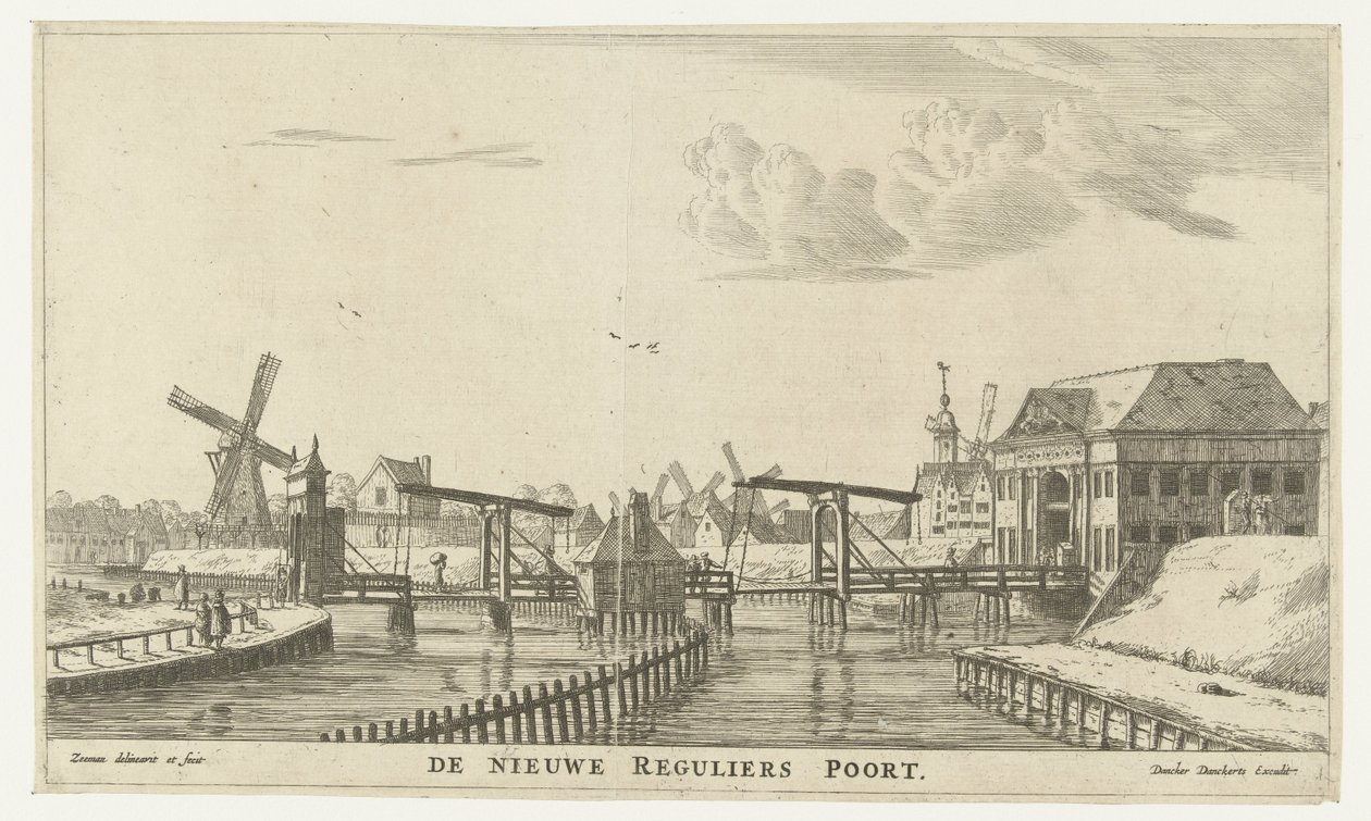 Gezicht op de Derde Regulierspoort te Amsterdam door Reinier Nooms