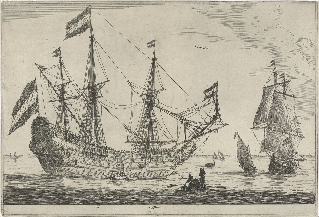 Groot zeilschip en een roeiboot door Reinier Nooms