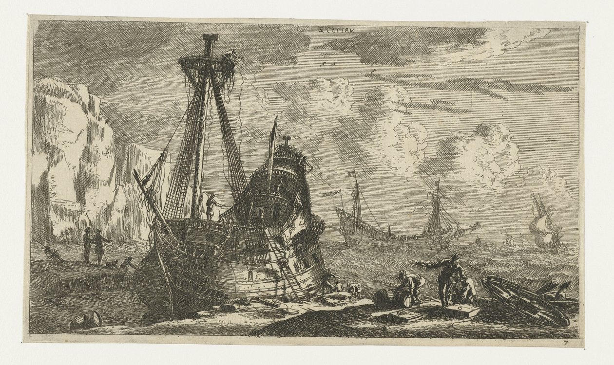 Onttakeld zeilschip door Reinier Nooms