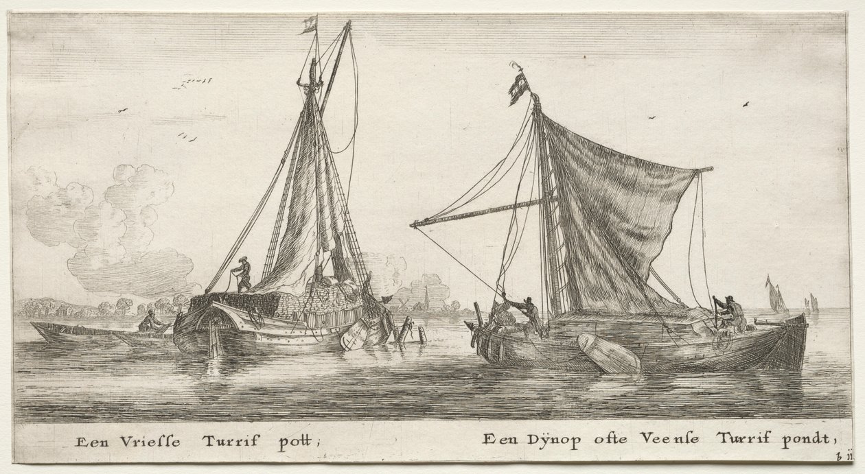 Schepen van Amsterdam: Een Friese turfboot. De Dÿnop, nabij de Veensche Turfplas door Reinier Nooms