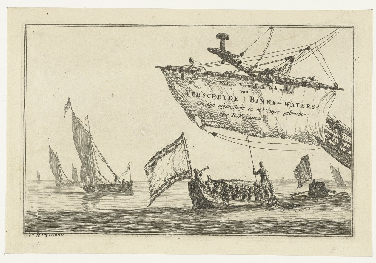 Statensloep en zeilschepen op kalm water door Reinier Nooms