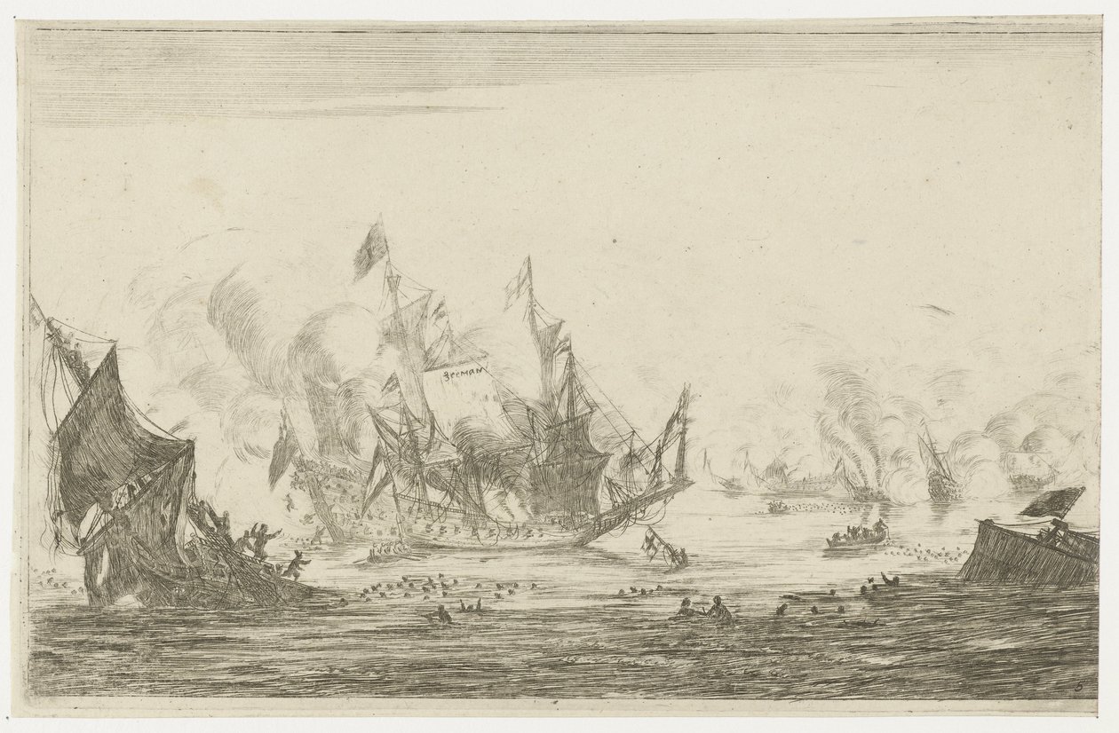 Zeeslag met een zinkend schip (Nieuwe Scheeps Batalien) door Reinier Nooms