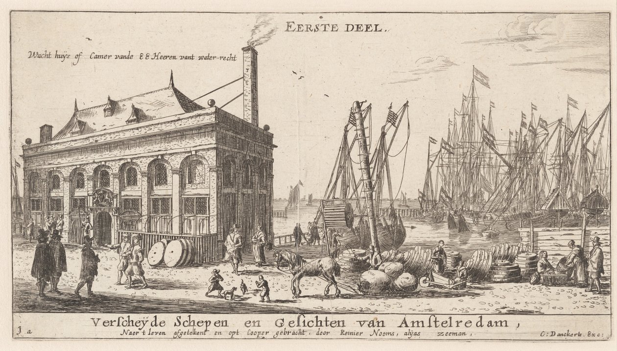 Uitzicht op de Haven van Amsterdam met het Kantoor van de Waterautoriteit (Titelpagina) door Reinier Nooms, called Zeeman