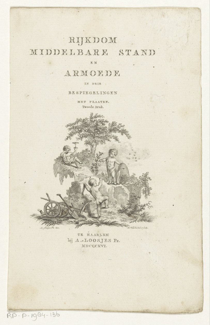 Drie putti met attributen in een berglandschap door Reinier Vinkeles (I)