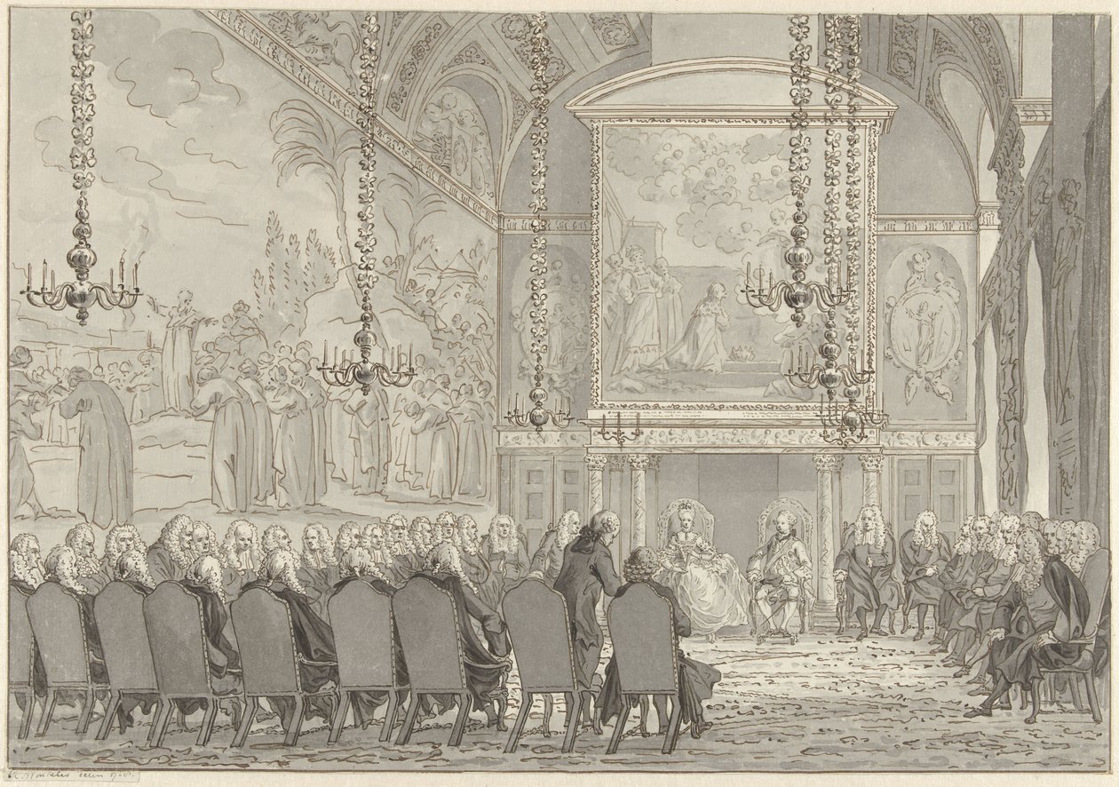 Ontvangst van Prins Willem V en Wilhelmina van Pruisen in de Raadzaal van het Stadhuis van Amsterdam door Reinier Vinkeles (I)