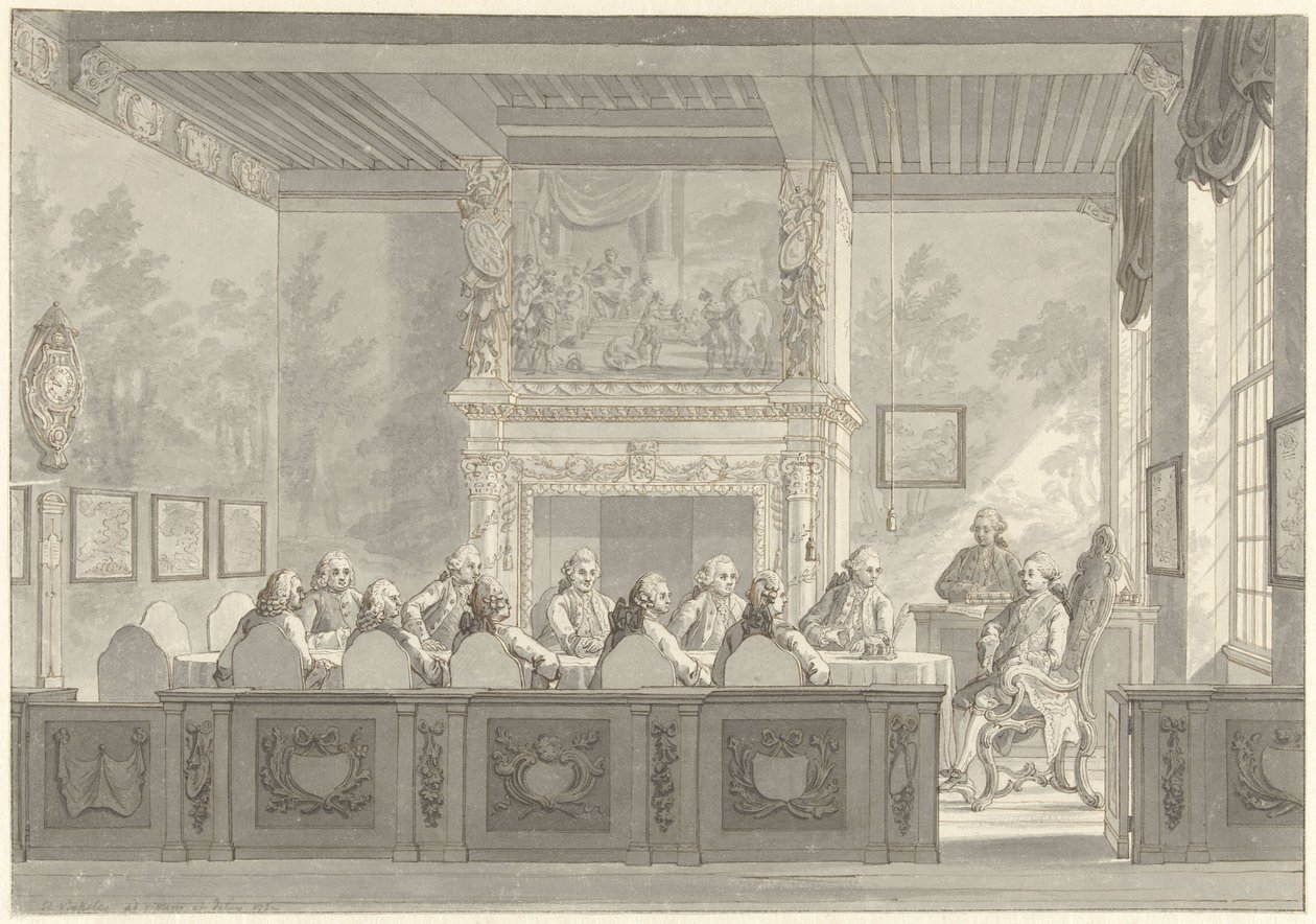 Zittingneming van Prins Willem V in het College van de Admiraliteit te Amsterdam door Reinier Vinkeles (I)
