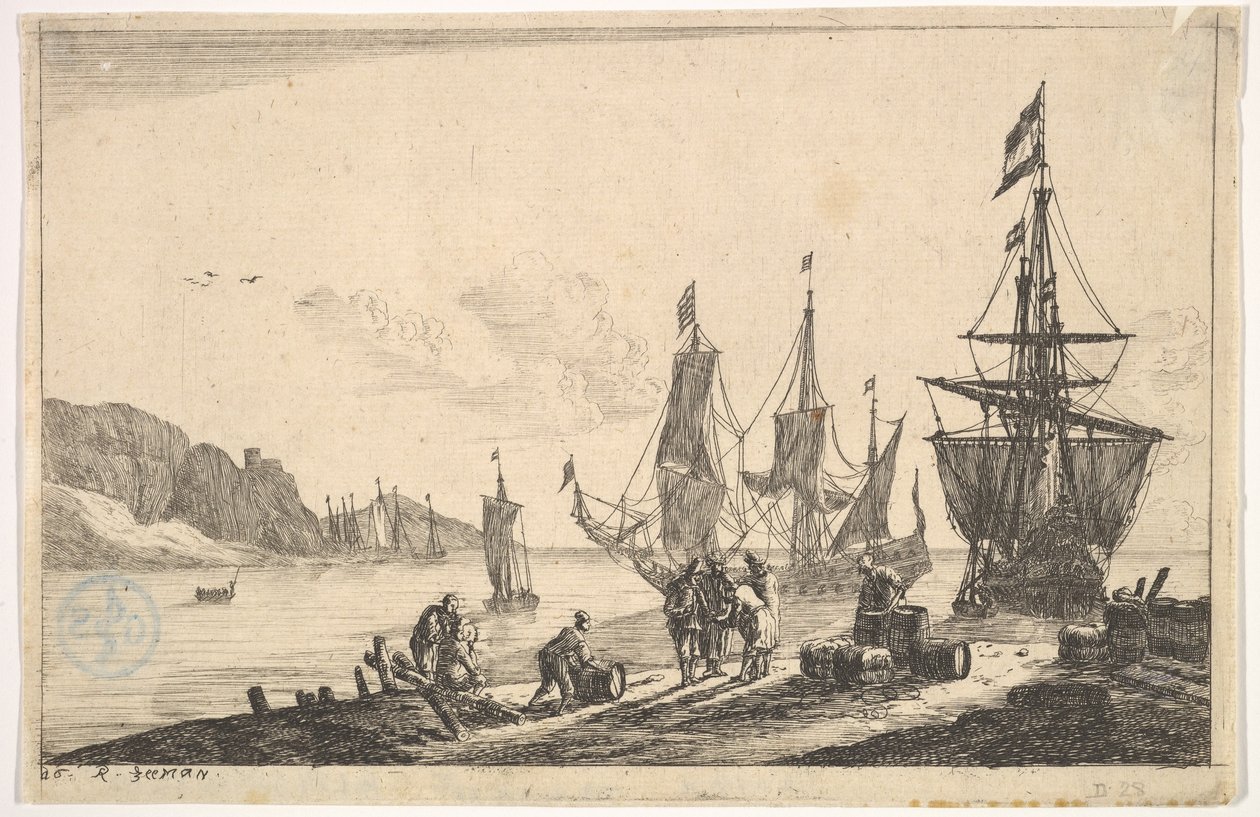 Baai met zeilschepen door Reinier Zeeman
