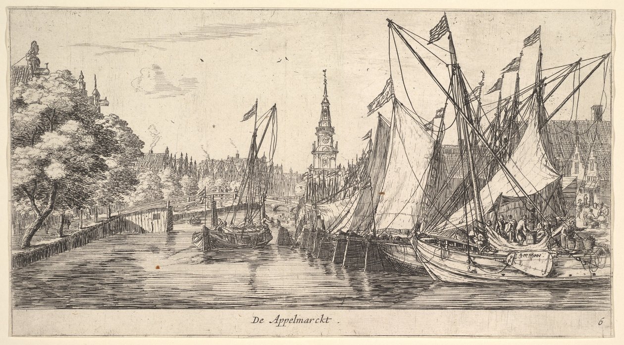 De Appelmarkt, uit Zichten in Amsterdam, plaat 6, ca. 1659-62 door Reinier Zeeman