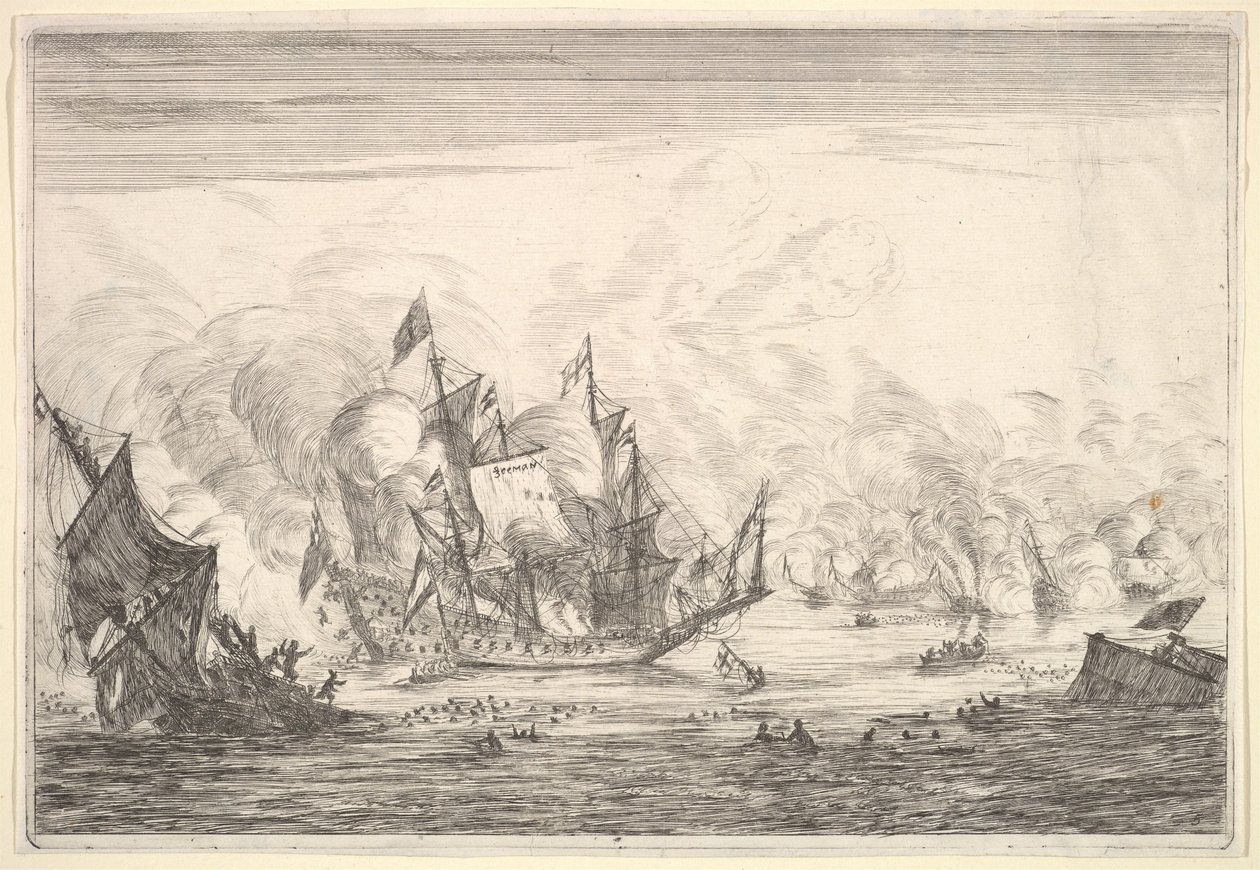 Zeeslag met een Engels schip dat aan de linkerkant zinkt, uit Zeeslagen Nieuwe Sc... door Reinier Zeeman