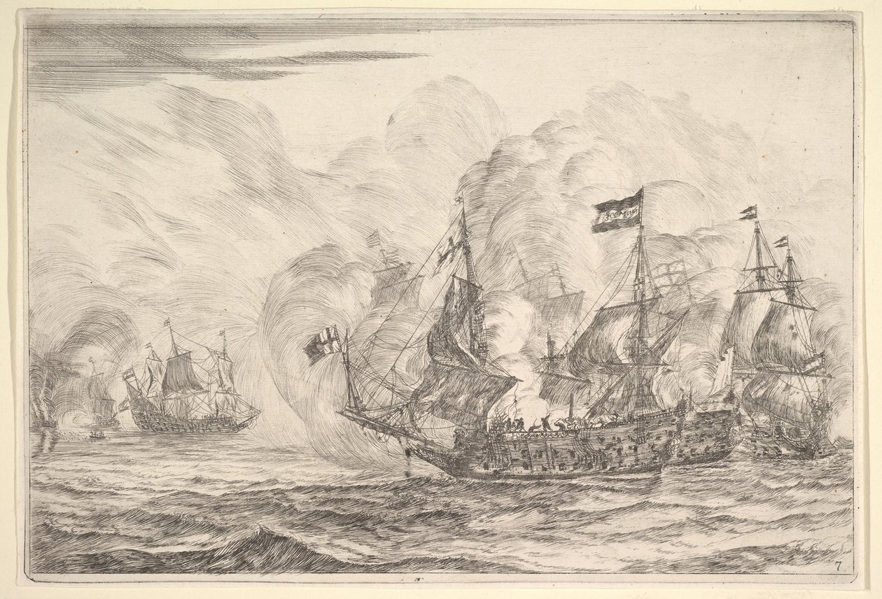 Zeeslag met Drie Schepen aan de Rechterkant, uit Zeeslagen Nieuwe Scheepsgevechten door Reinier Zeeman
