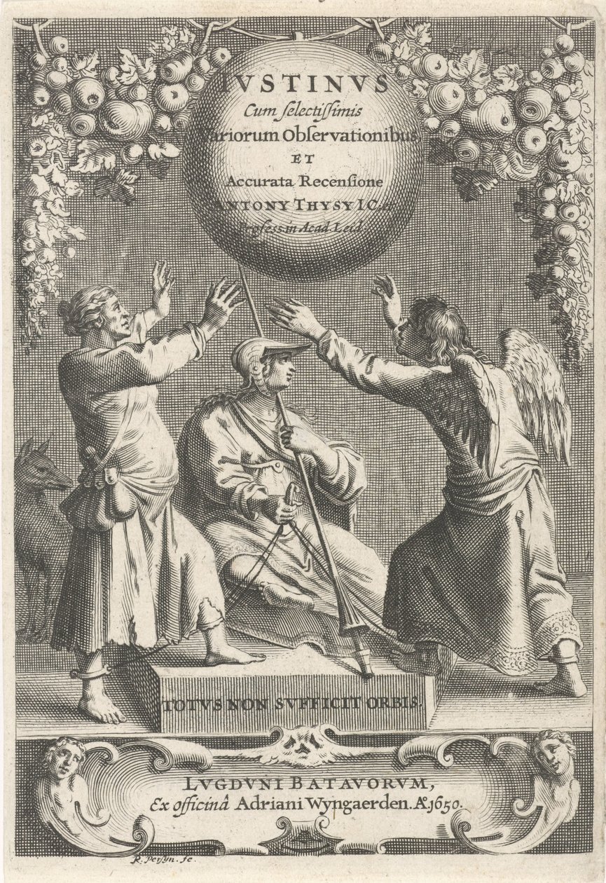 Minerva en twee geketende figuren Titelpagina voor: A. Thysius, Justinus cum selectissimis variorum observationibus et accurata recensione, 1650 door Reinier van Persijn