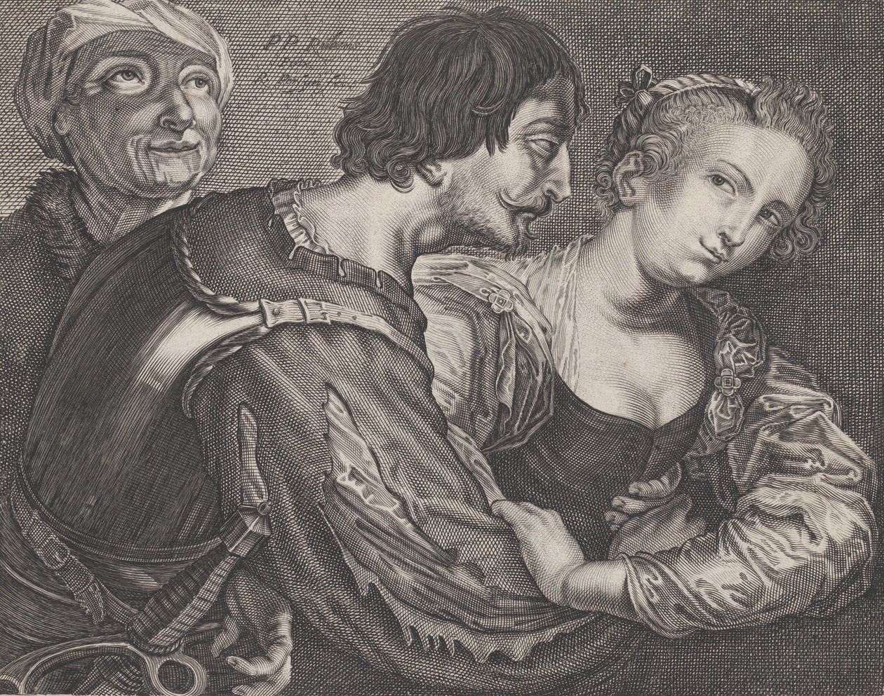 De koppelaarster: een oude vrouw, een soldaat en een vrouw, ca. 1635-68 door Reinier van Persyn
