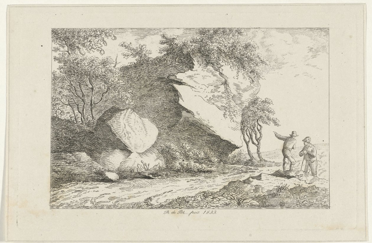 Landschap met twee figuren bij een rots door Reinierus Albertus Ludovicus baron van Isendoorn à Blois