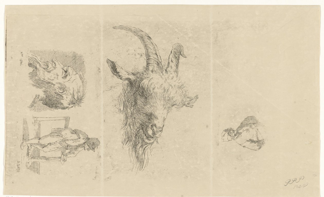 Studieblad met vier voorstellingen door Reinierus Albertus Ludovicus baron van Isendoorn à Blois