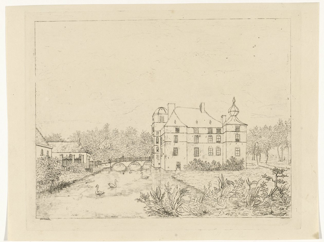 Zijaanzicht van kasteel de Cannenburch met huizen bij de toegangsbrug door Reinierus Albertus Ludovicus baron van Isendoorn à Blois