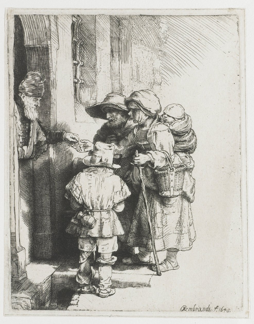 Een blinde draailierspeler en familie die aalmoezen ontvangen door Rembrandt van Rijn