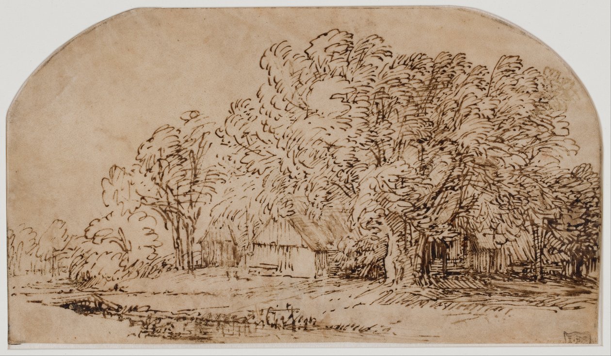 Landschap met huisjes onder hoge bomen door Rembrandt van Rijn