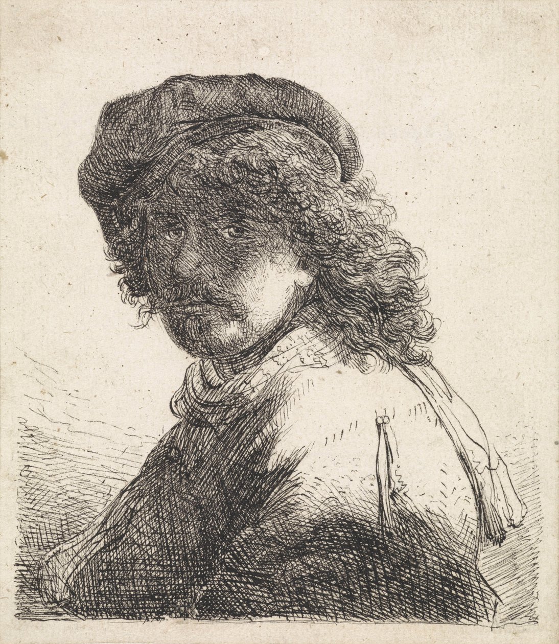 Rembrandt van Rijn in baret en sjaal door Rembrandt van Rijn