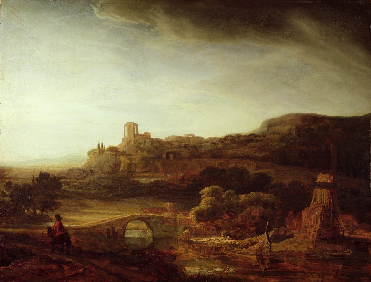 Landschap met rivier en molen door Rembrandt van Rijn