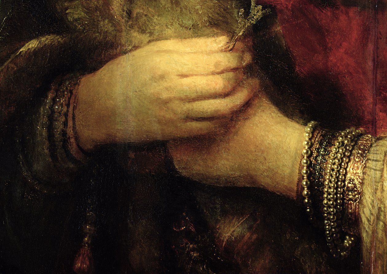 Portret van Saskia van Uylenburgh in rijke kleding (detail) door Rembrandt van Rijn