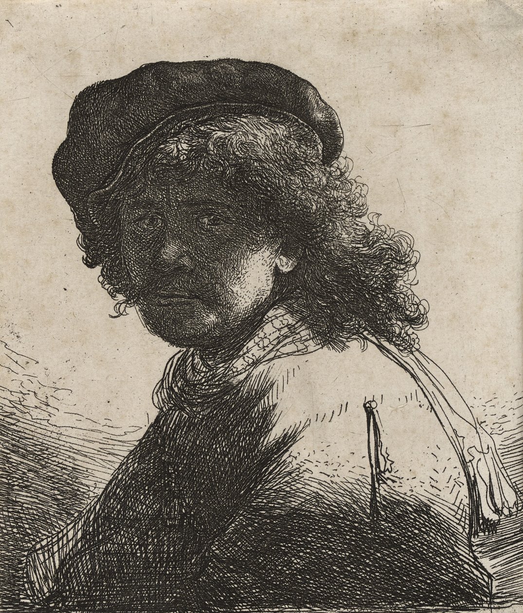 Rembrandt met een pet en sjaal door Rembrandt van Rijn