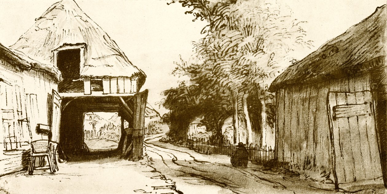 Dorpsweg met koetshuis door Rembrandt van Rijn