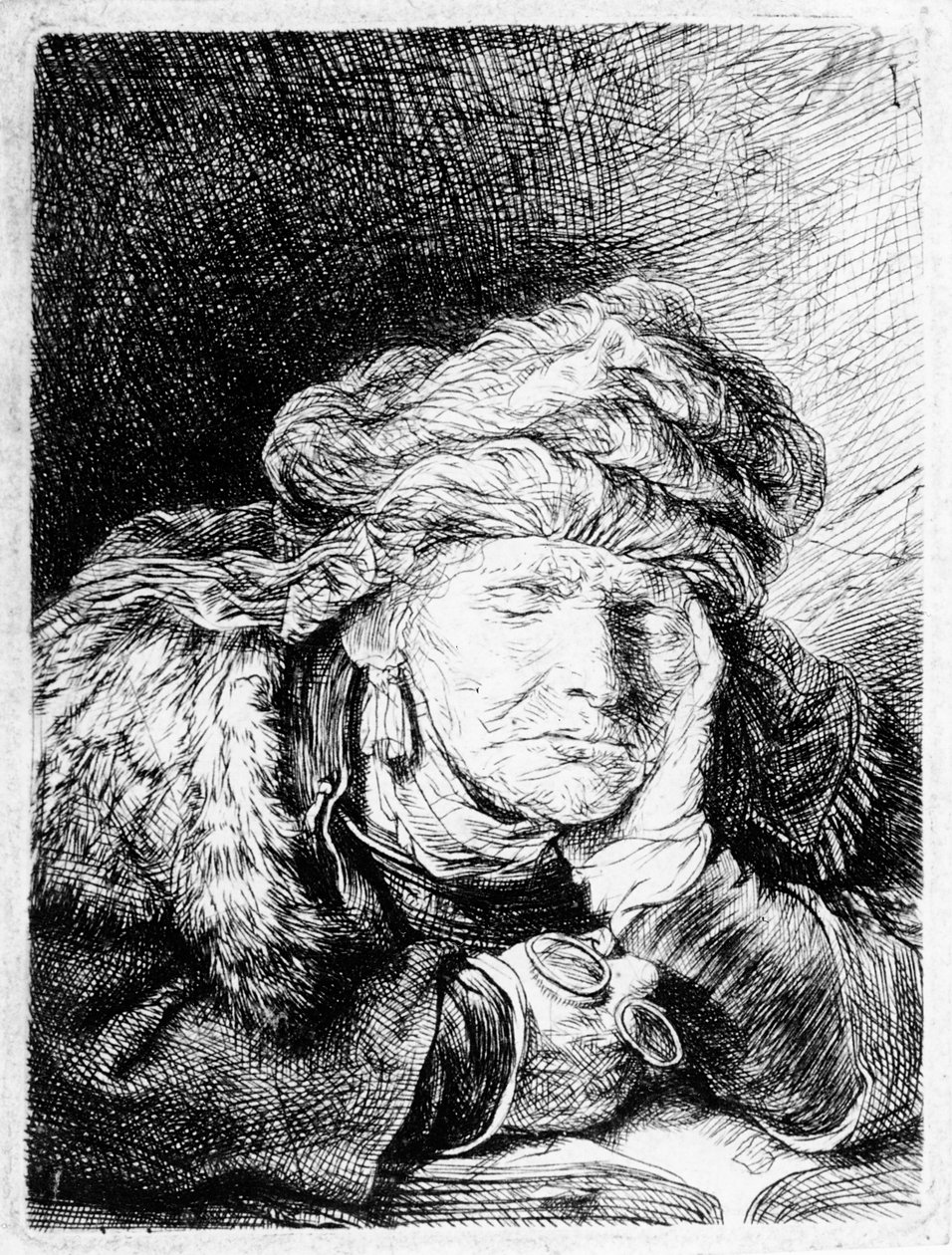 Een oude vrouw die slaapt door Rembrandt van Rijn
