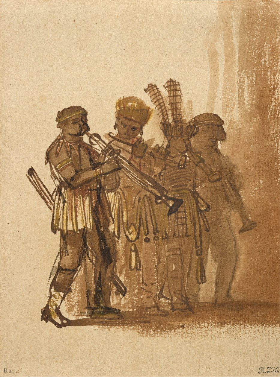 Vier muzikanten met blaasinstrumenten door Rembrandt van Rijn