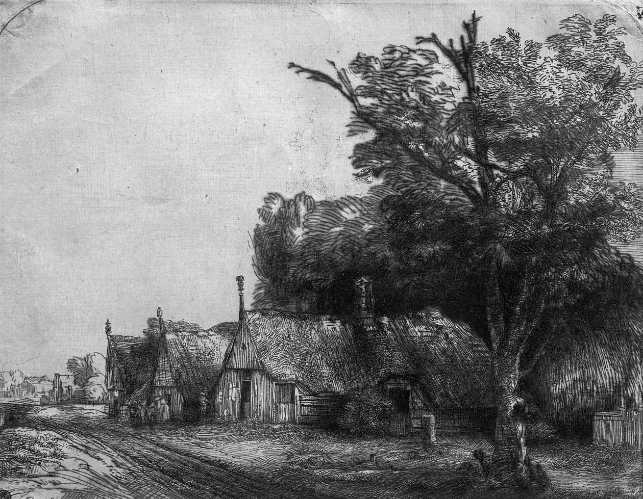 Landschap met drie huisjes, 1650 door Rembrandt van Rijn