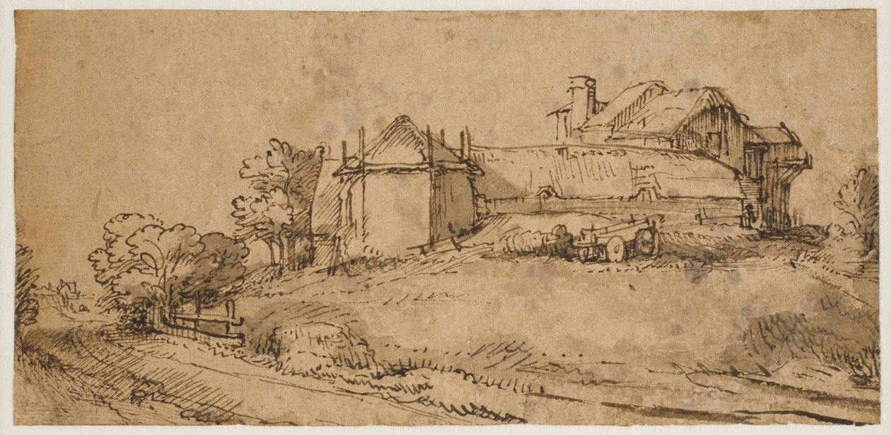 Landschap met een boerderij en een hooischuur door Rembrandt van Rijn