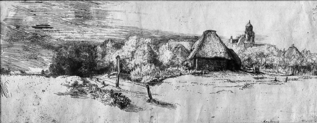 Groot landschap met een toren, ca. 1650 door Rembrandt van Rijn