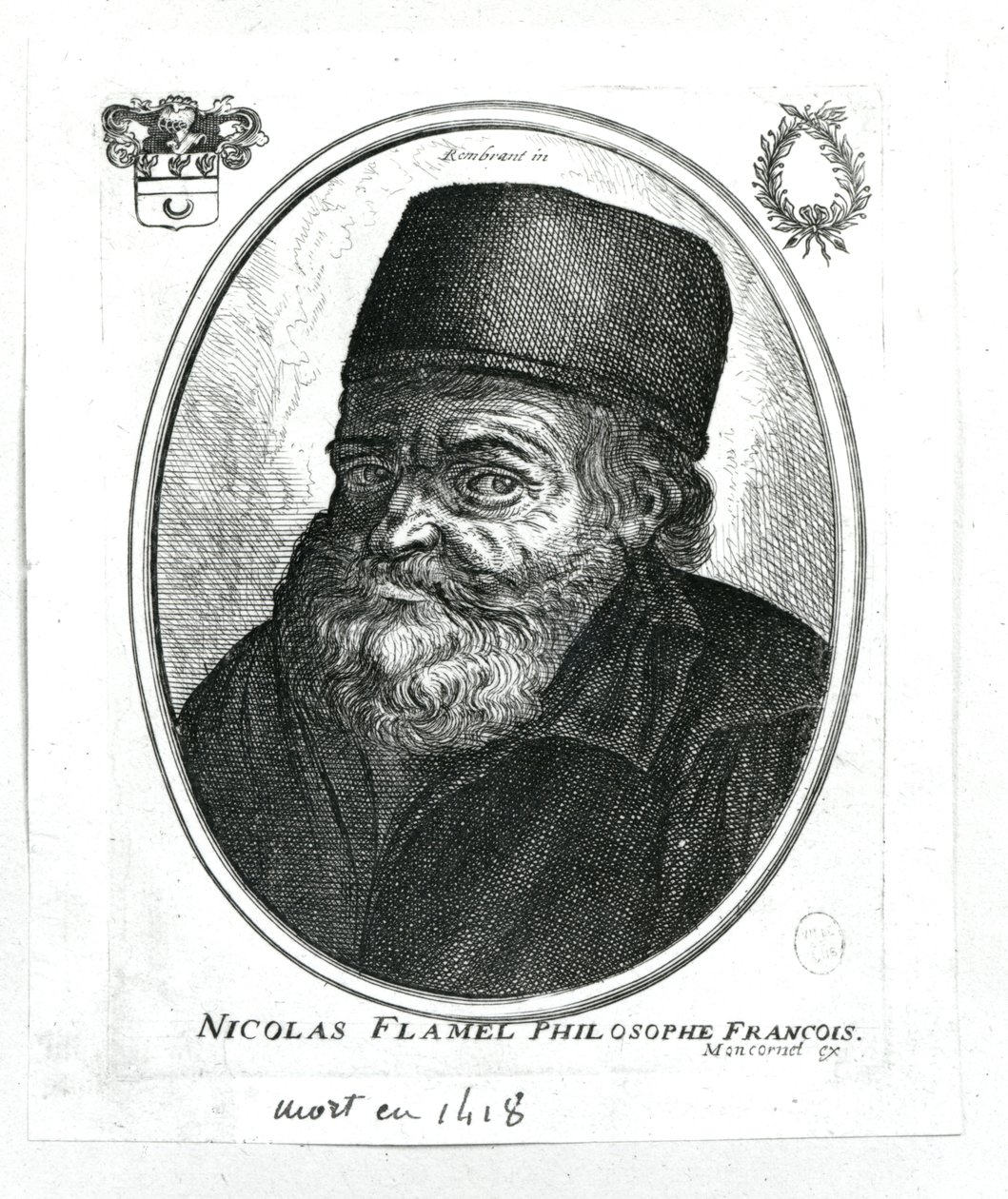 Nicolas Flamel (c.1330-1418) gegraveerd door Balthazar Moncornet (c.1600-68) door Rembrandt van Rijn