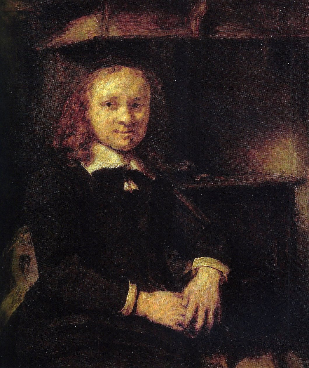 Portret van Jan Boursse, zittend bij een kachel door Rembrandt van Rijn