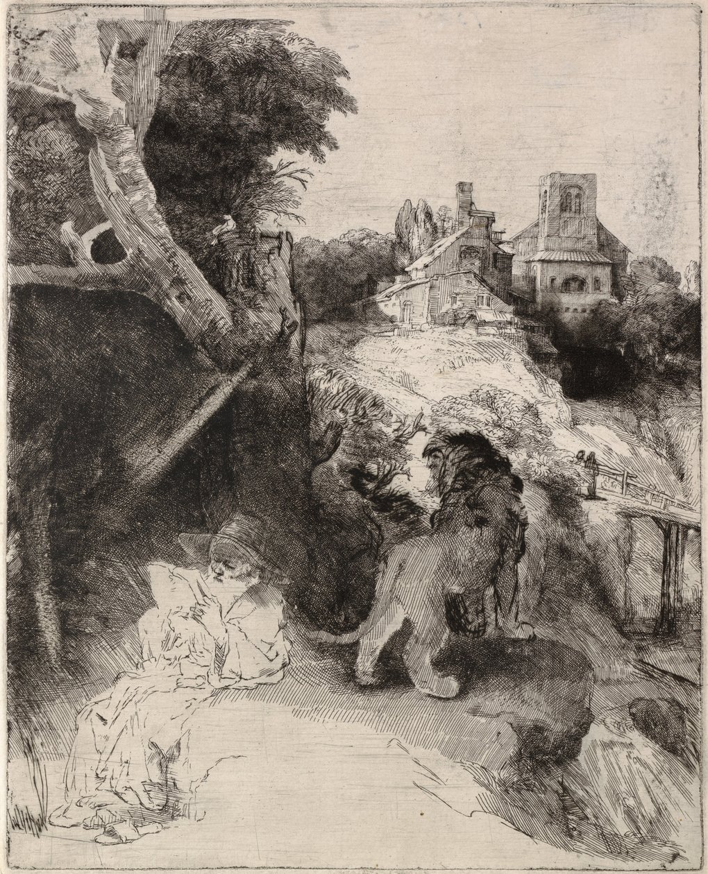 Sint Hiëronymus lezend in een Italiaans landschap door Rembrandt van Rijn