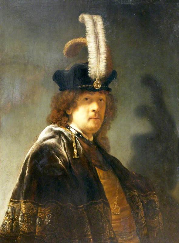 Zelfportret met een gevederde hoed door Rembrandt van Rijn