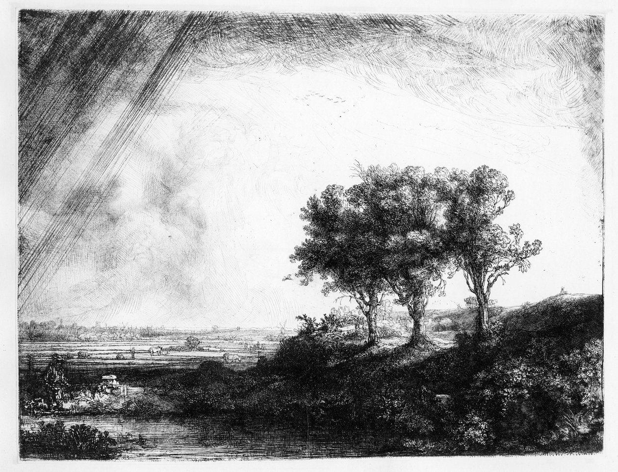 De Drie Bomen, gegraveerd door James Bretherton door Rembrandt van Rijn