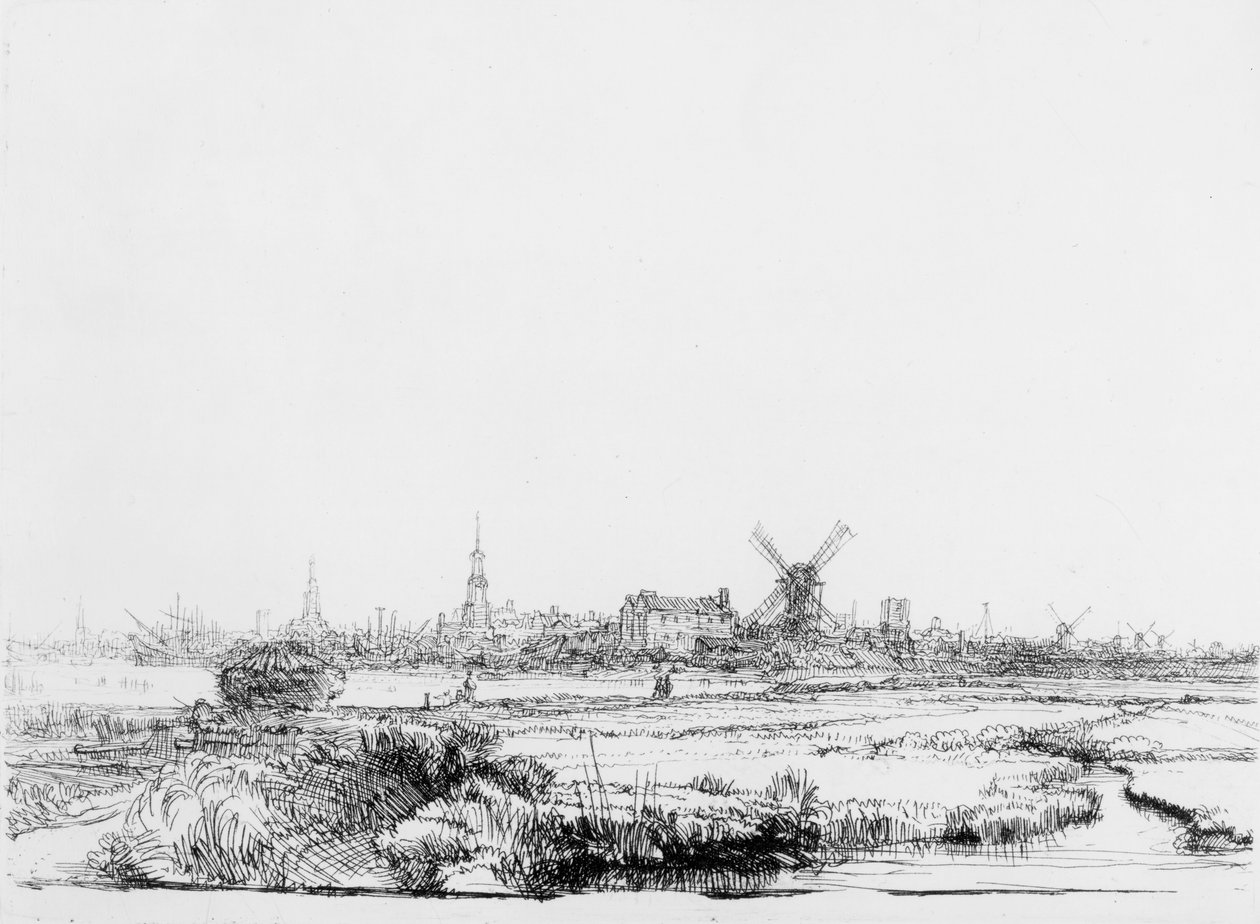 Gezicht op Amsterdam door Rembrandt van Rijn