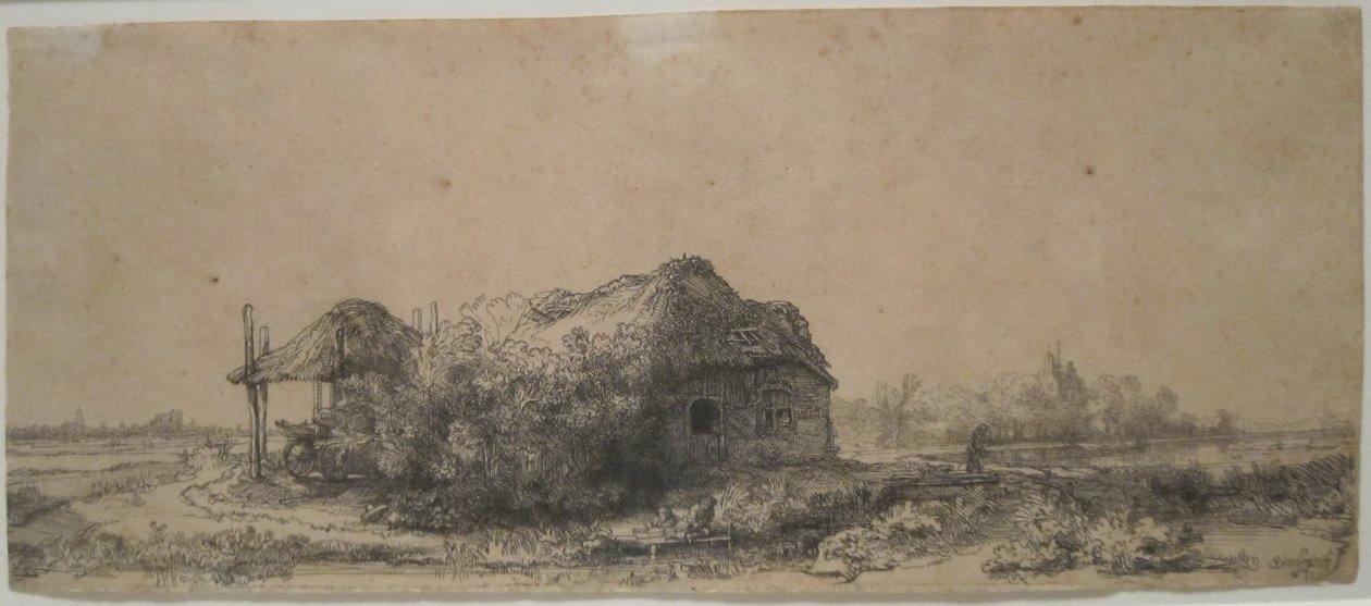 Landschap met huisje en hooibam