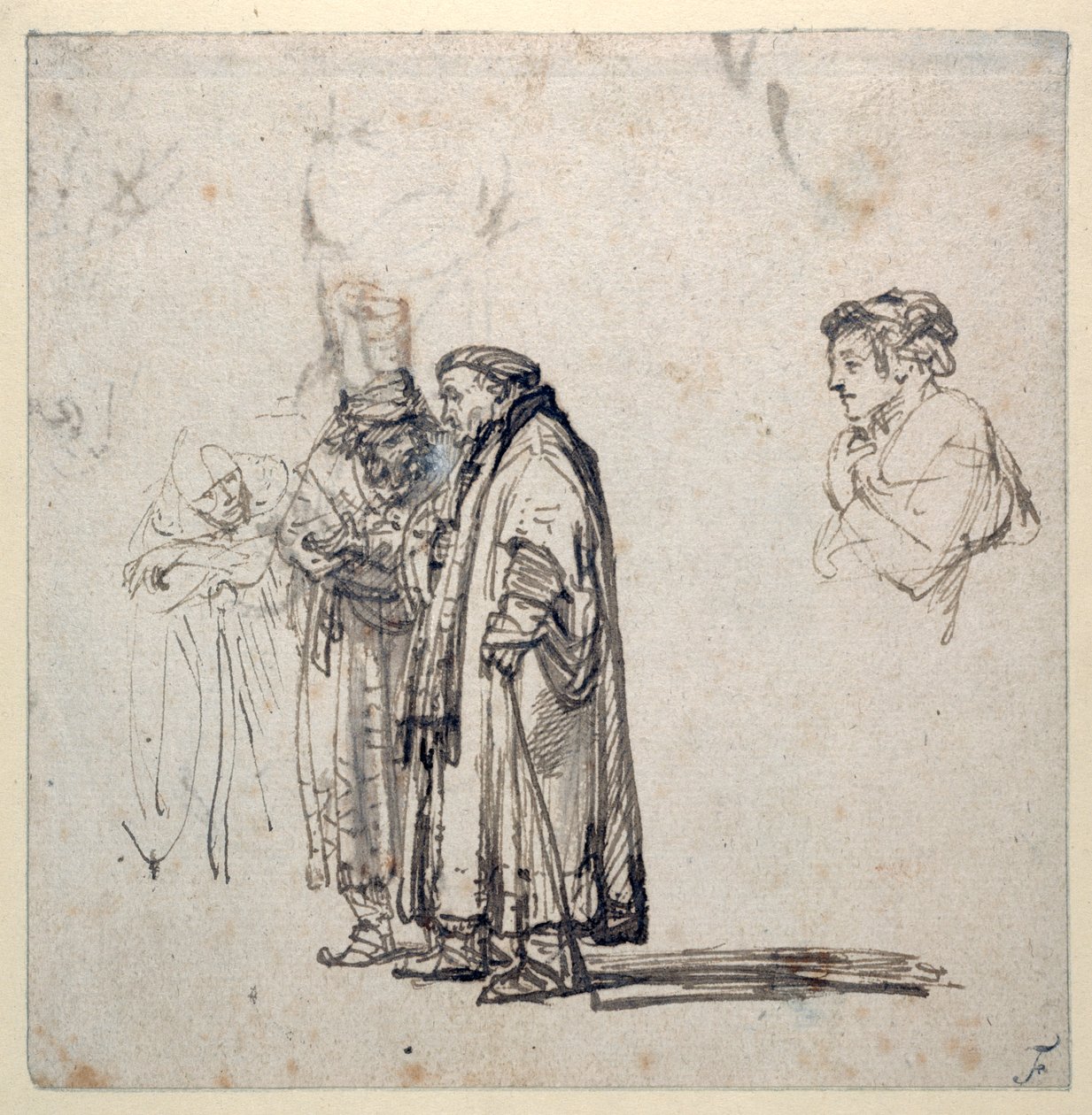 Een groep oudere geleerden en, apart, het profiel van een jongere man door Rembrandt Harmensz. van Rijn