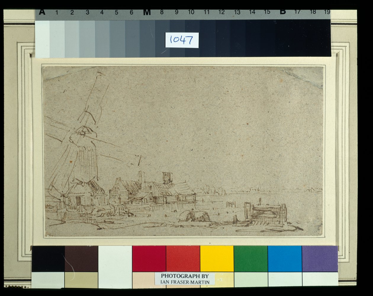 Een windmolen en een groep huizen, c.1652-53 door Rembrandt Harmensz. van Rijn