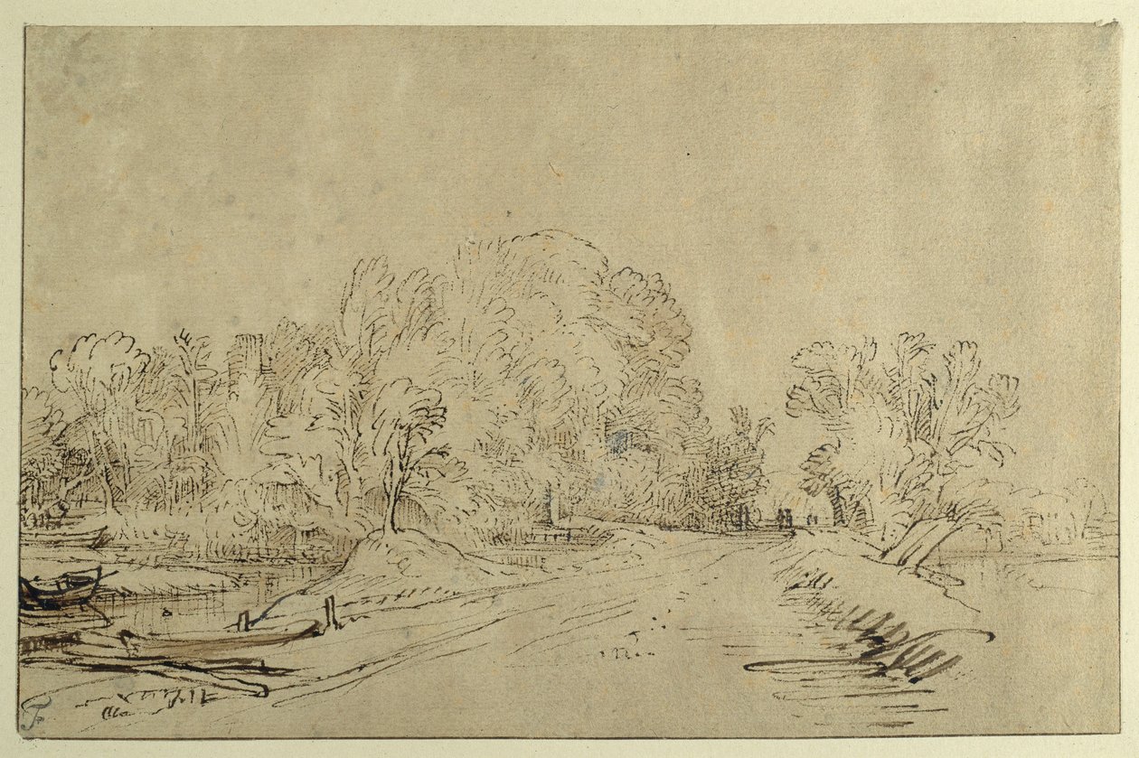 Kanaal met boten, een dijkweg en bomen door Rembrandt Harmensz. van Rijn