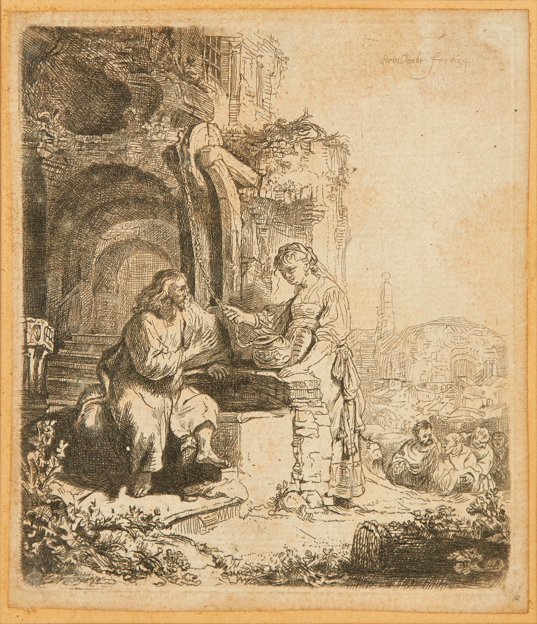 Christus en de vrouw van Samaria, tussen ruïnes door Rembrandt Harmensz. van Rijn