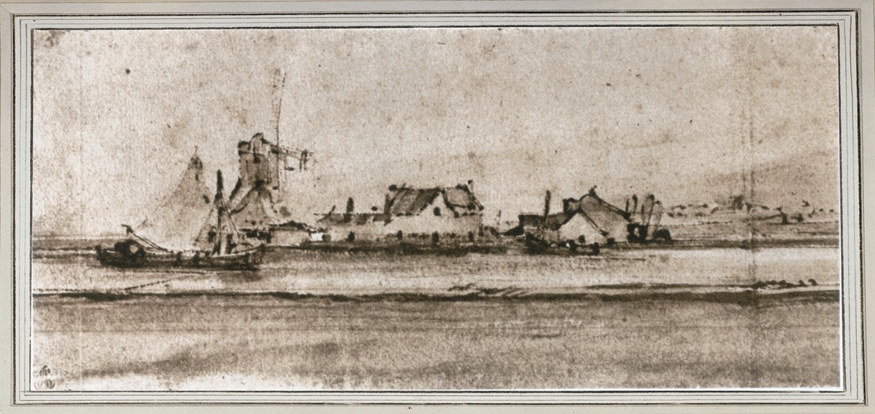 Het Molentje, seen from Amsteldijk (Pen and wash, bistre) door Rembrandt Harmensz. van Rijn
