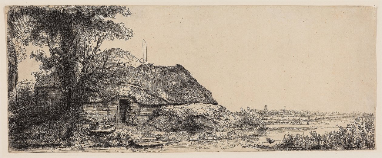 Landschap met een huisje en een grote boom door Rembrandt Harmensz. van Rijn