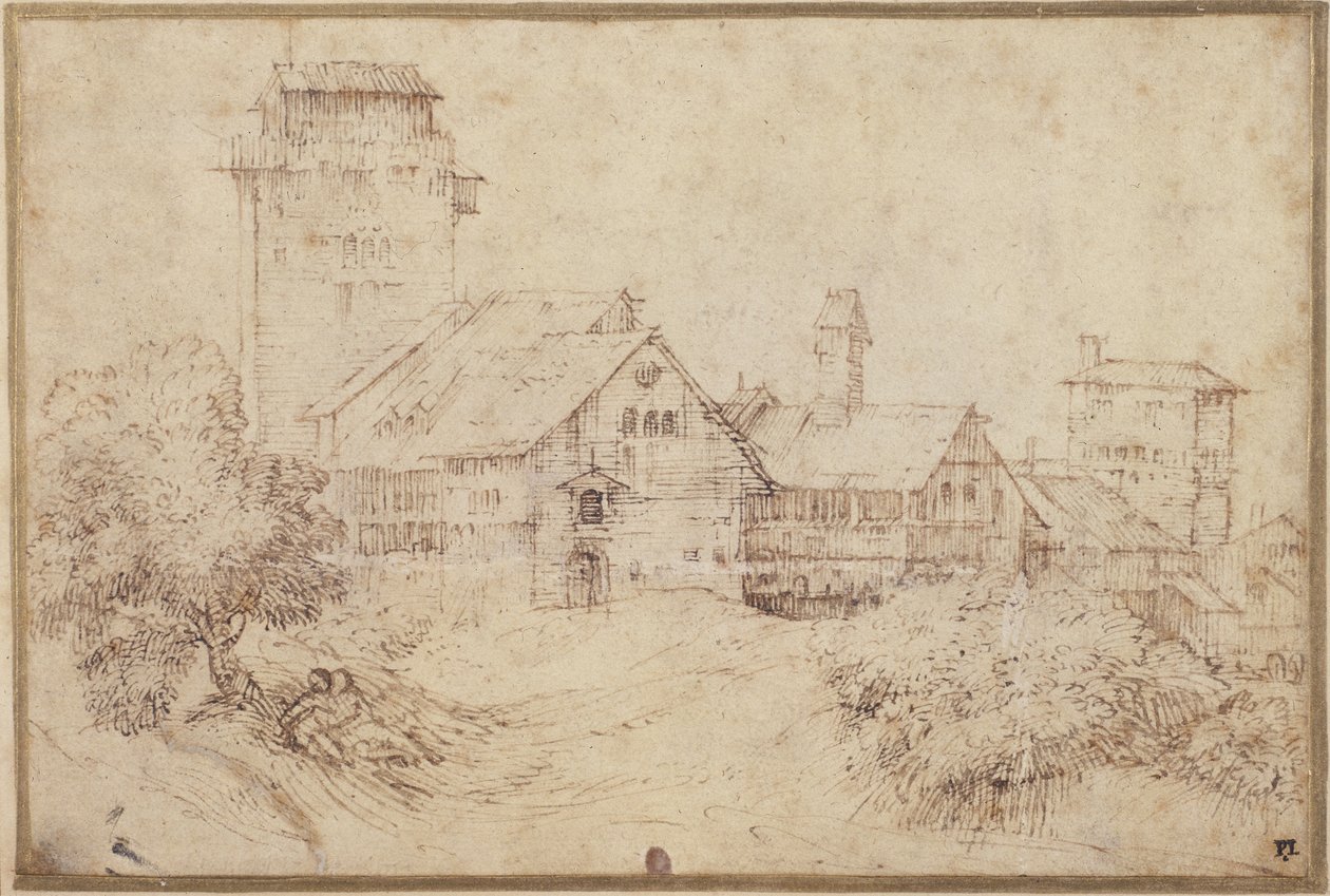 Landschap met gebouwen en geliefden, omhelzend, naar Titian door Rembrandt Harmensz. van Rijn