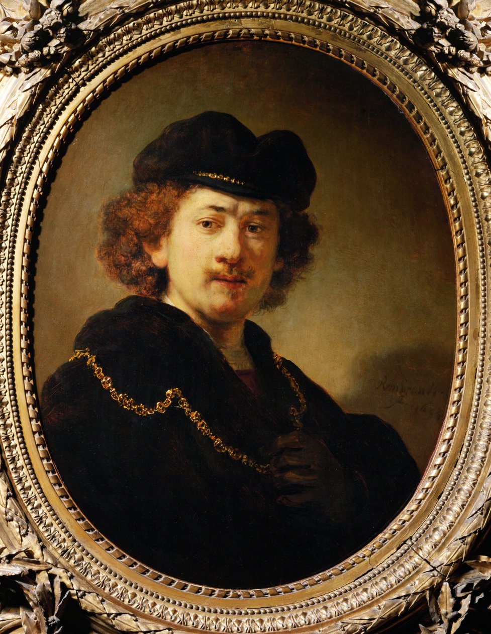 Portret van de kunstenaar met pet en gouden ketting door Rembrandt Harmensz. van Rijn