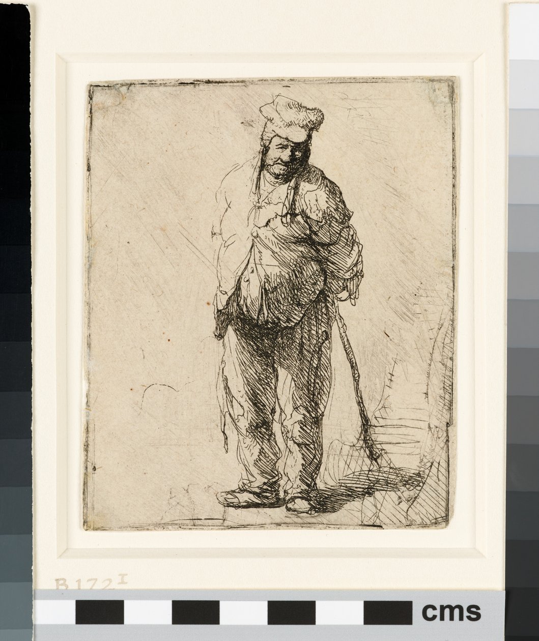 Haveloze boer met zijn handen achter zich, een stok vasthoudend door Rembrandt van Rijn