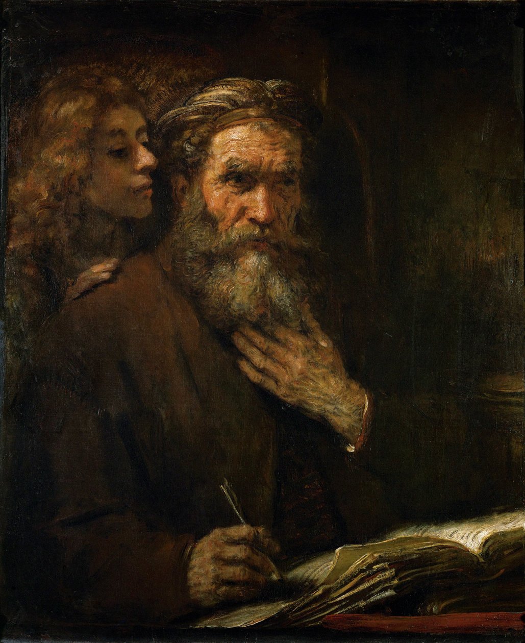 De heilige Mattheüs geïnspireerd door een engel ... door Rembrandt Harmensz. van Rijn