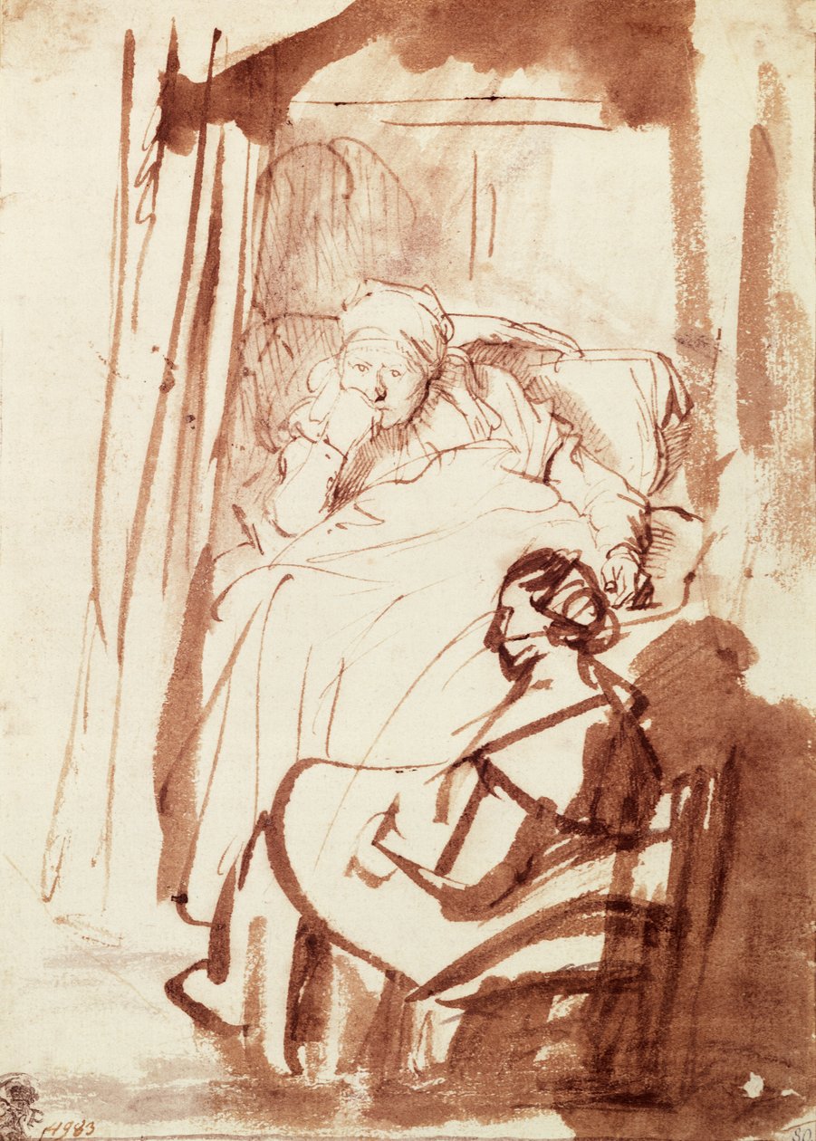Saskia liggend in bed, een vrouw zittend aan haar voeten door Rembrandt Harmensz. van Rijn