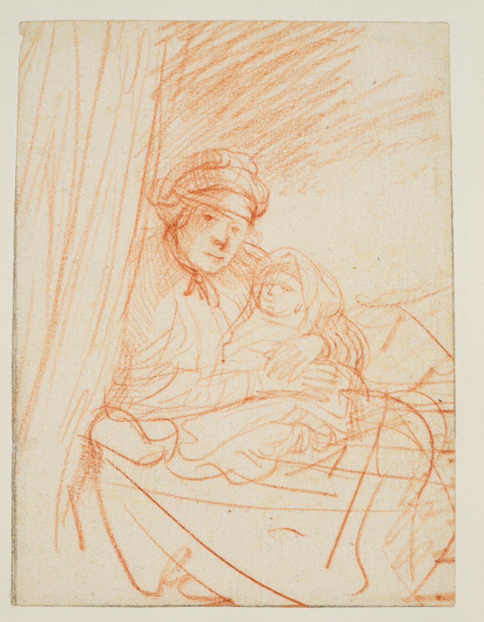 Saskia zittend in bed, een kind vasthoudend door Rembrandt van Rijn